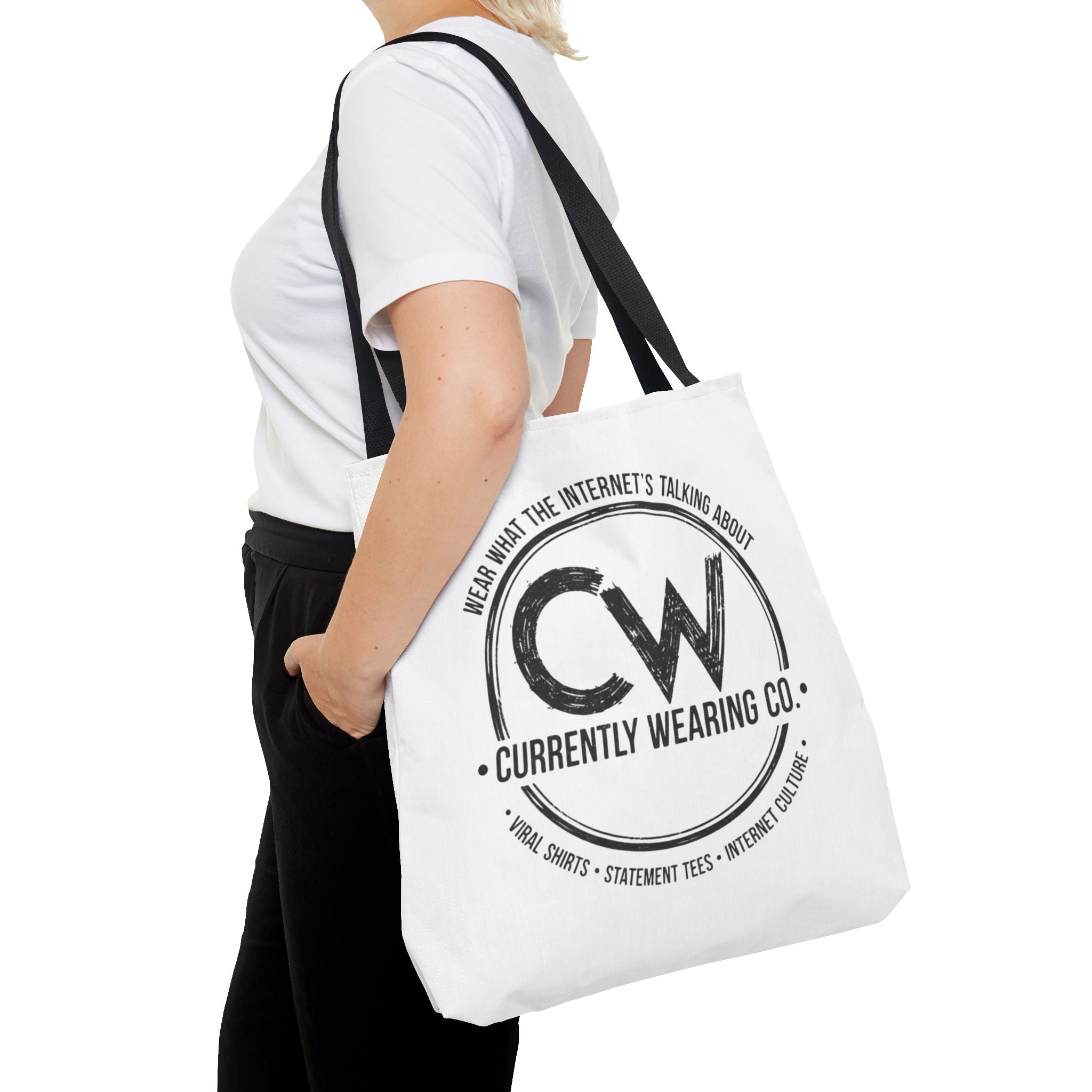 Currently Wearing Co Logo Tote Bag - Wear What the Internet's Talking About Canvas Bag - Reusable Shopping Bag, Trendy Statement Tote Bag, Stylish Carry-All, Eco-Friendly Shopper, Fun Gift for Fashion Lovers, Unique Beach Bag, Graphic Design Tote