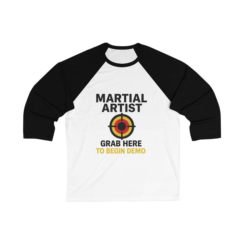 White and black baseball shirt with 'Martial Artist' text and target graphic on a white background