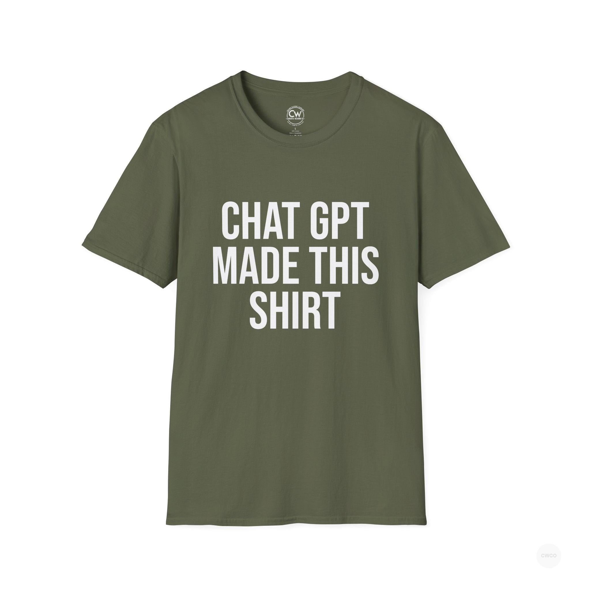 Chat GPT Made This Shirt - Funny AI Design Tee - ChatGPT Humor Shirt - Artificial Intelligence T-Shirt Unisex Softstyle, Funny Graphic Tee, Gift for Tech Enthusiasts, Casual Wear, Unique Statement Shirt