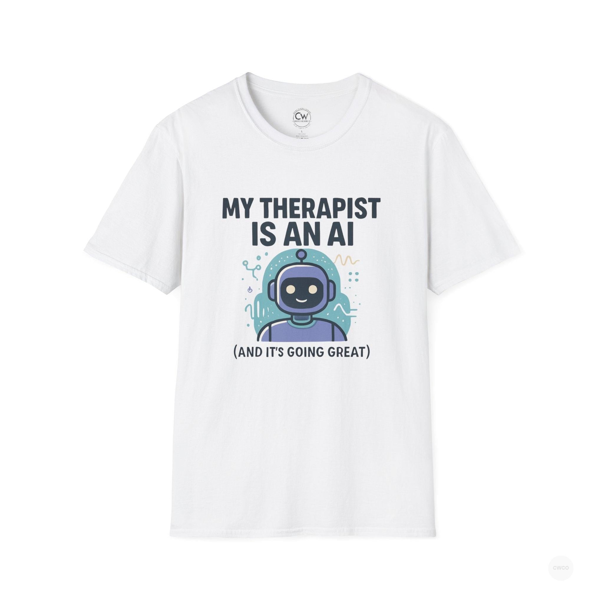 White t-shirt with a robot graphic and text on a white background