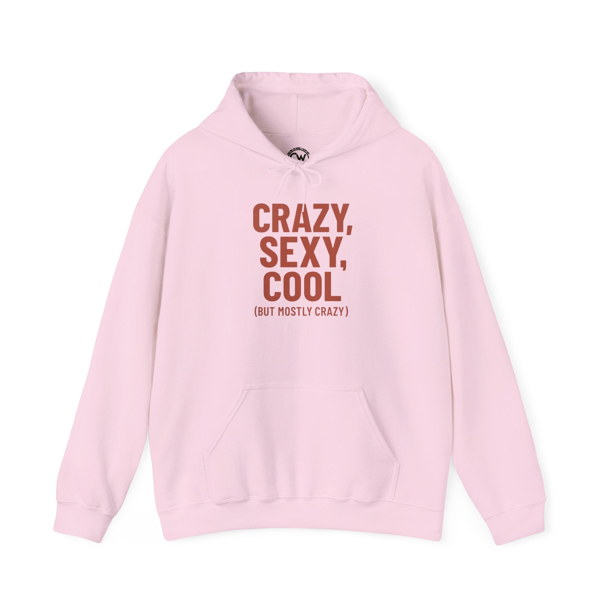 Pink hoodie with text 'Crazy, Sexy, Cool (but mostly crazy)' on a white background