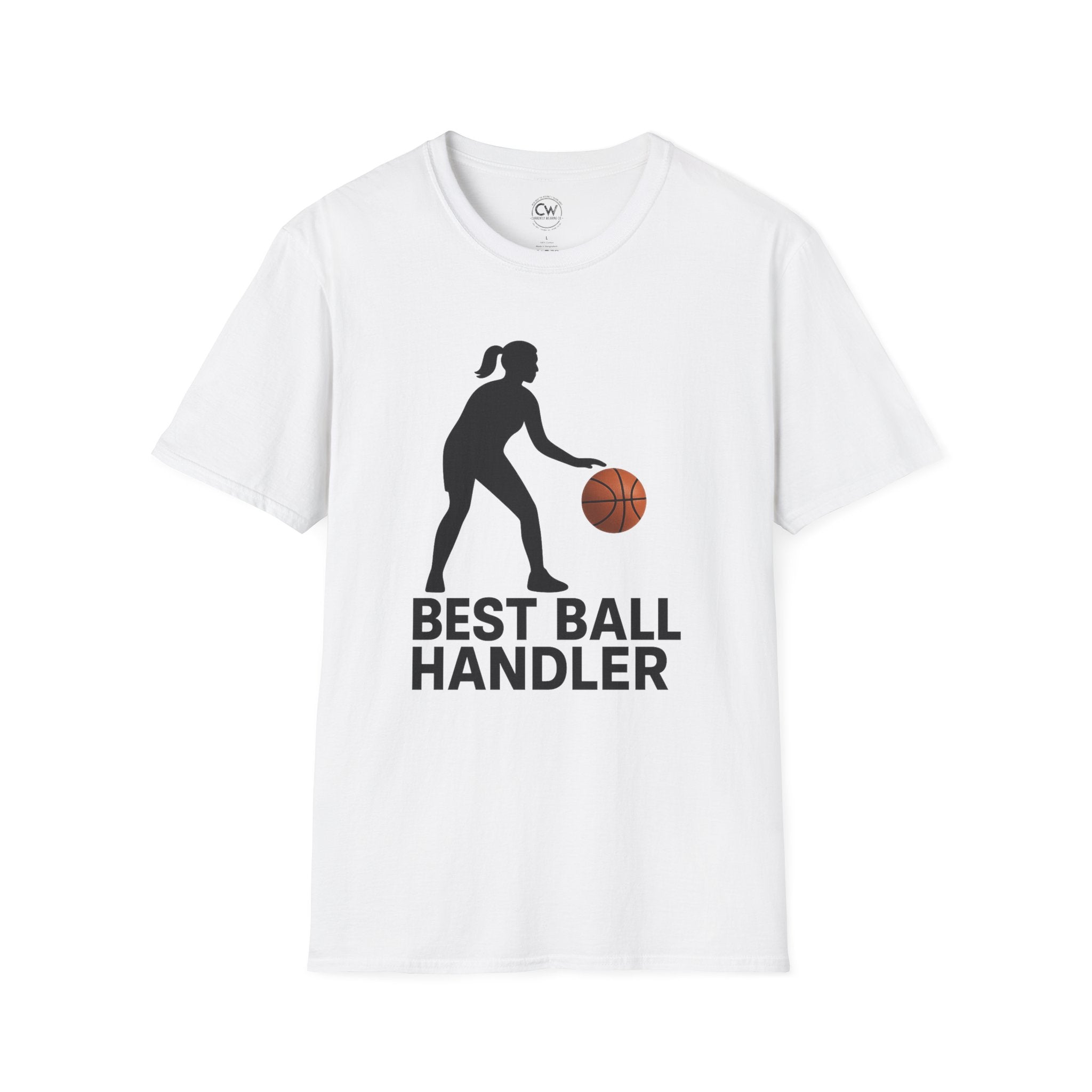 White t-shirt with a graphic of a woman playing basketball and text 'BEST BALL HANDLER' on a white background