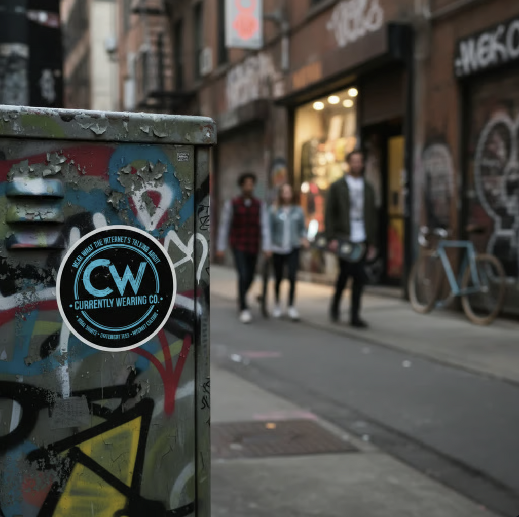 Currently Wearing Co.™ Neon Blue Logo Sticker — Signature Edition, Trendy Round Stickers - Currently Wearing Co. - Internet Culture Decor