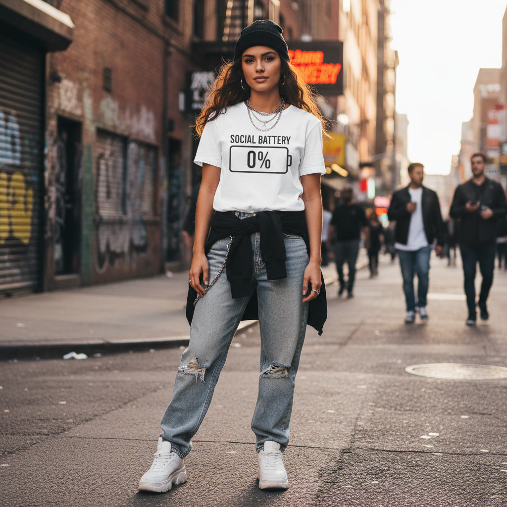 Social Battery 0% T-Shirt - Funny Introvert Shirt | Currently Wearing Co